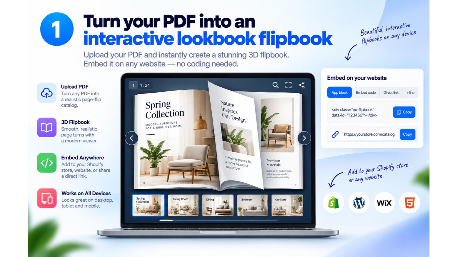 A CatalogZine flipbook open on a laptop, mid page-turn, with page thumbnails along the bottom and sharing options beside it.