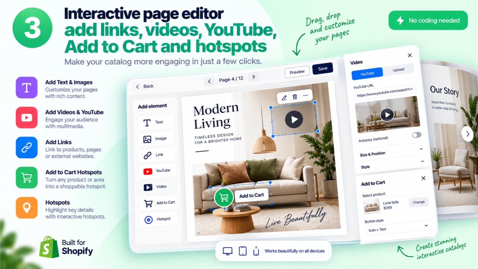 Step two: the CatalogZine page editor, with a round Add to cart button placed on a catalog page and the sidebar where it can be turned into a hotspot, video, image, iframe or link.